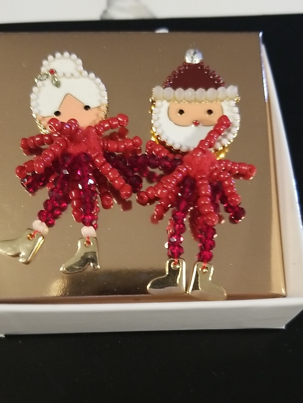 Festive Red Beaded Santa & Mrs. Claus Earrings  Christmas